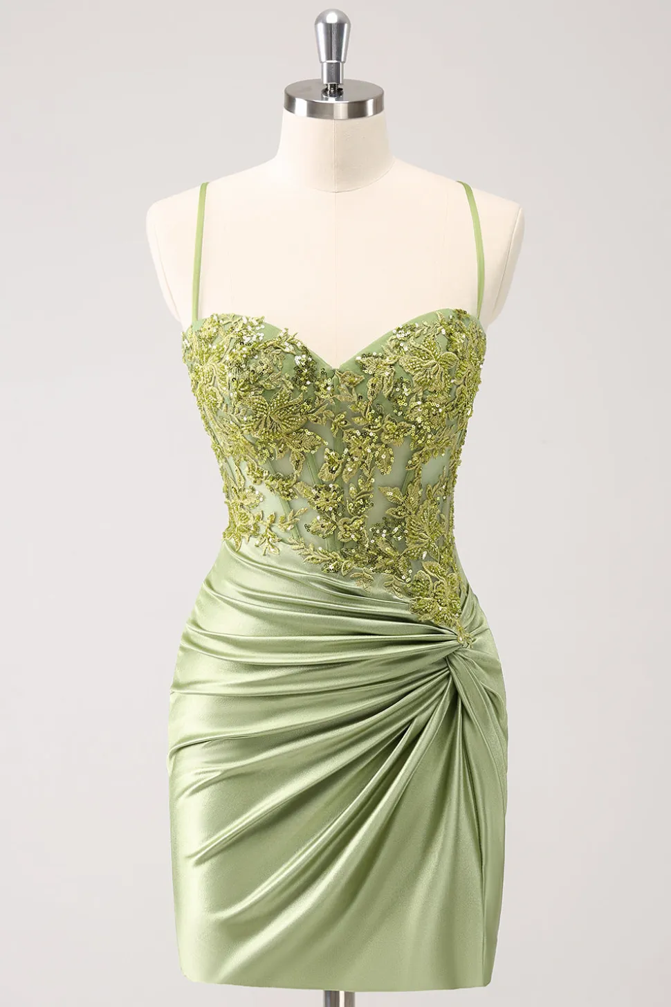 Sparkly Army Green Lace-Up Back Appliques Vestido Plissado Homecoming