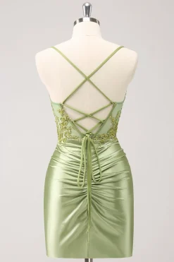 Sparkly Army Green Lace-Up Back Appliques Vestido Plissado Homecoming