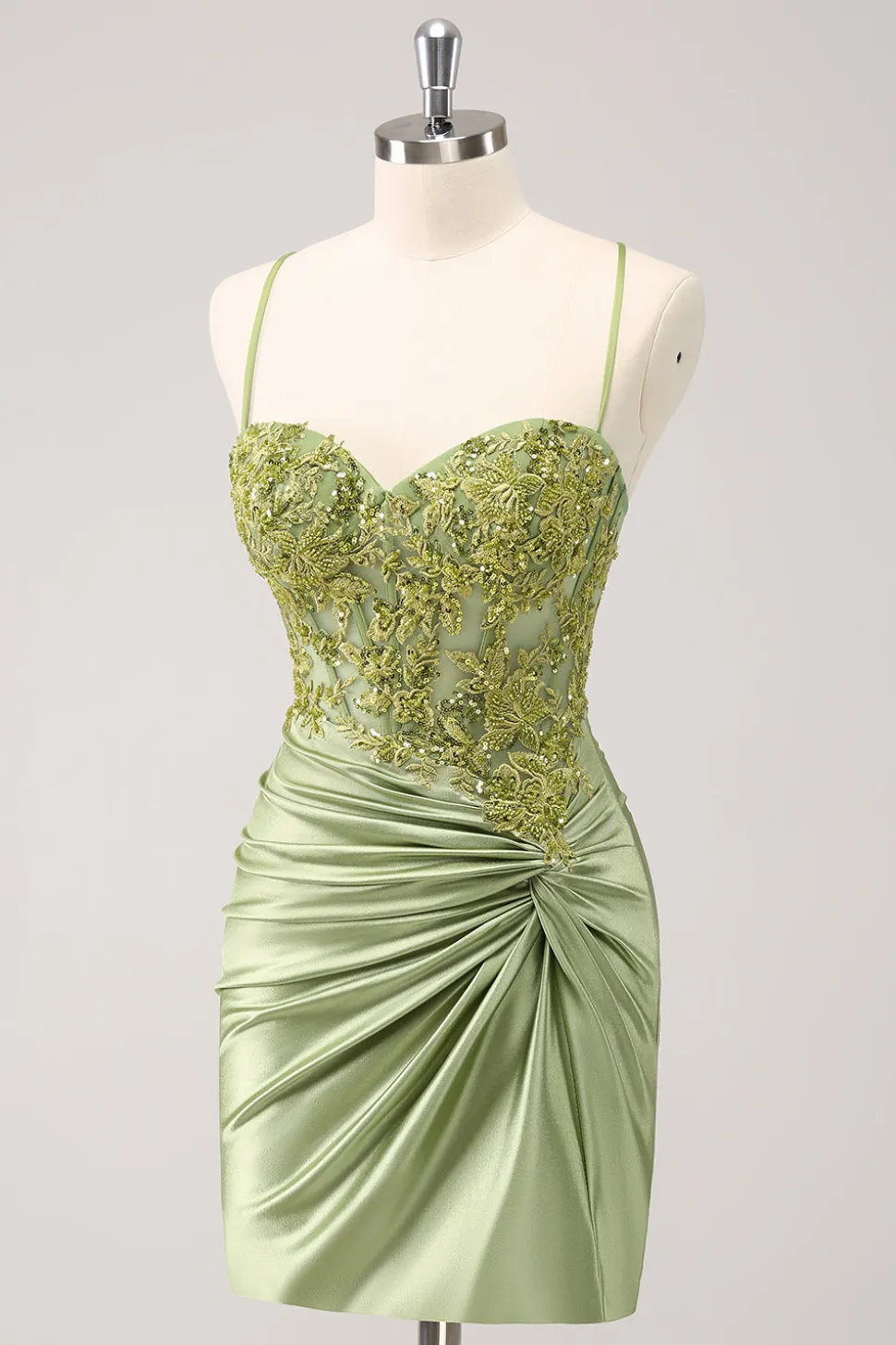 Sparkly Army Green Lace-Up Back Appliques Vestido Plissado Homecoming