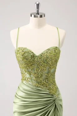 Sparkly Army Green Lace-Up Back Appliques Vestido Plissado Homecoming