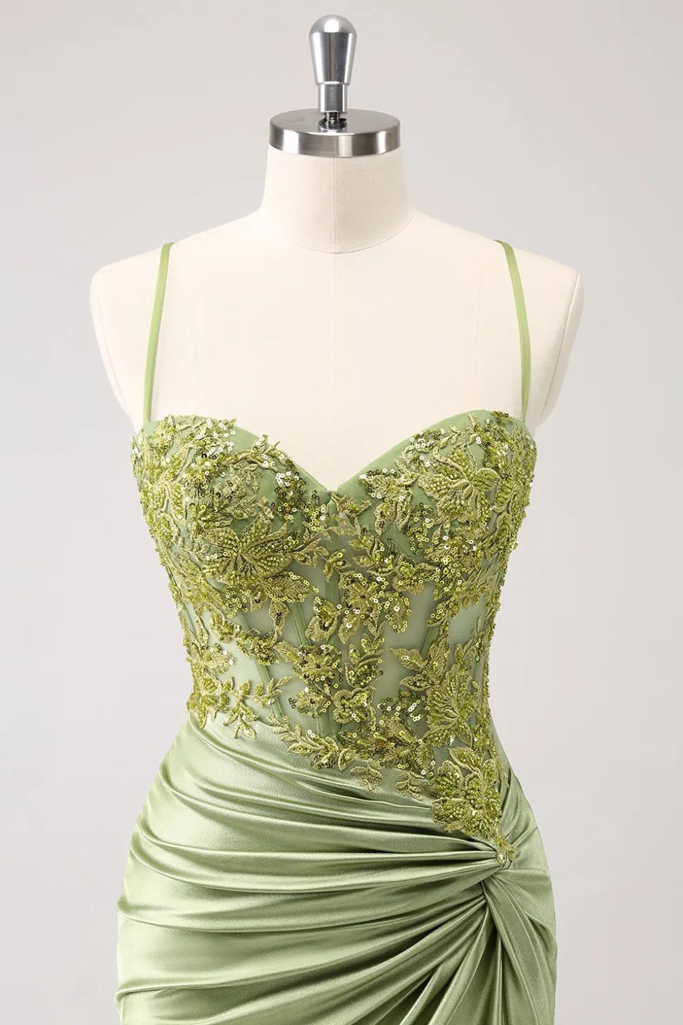 Sparkly Army Green Lace-Up Back Appliques Vestido Plissado Homecoming