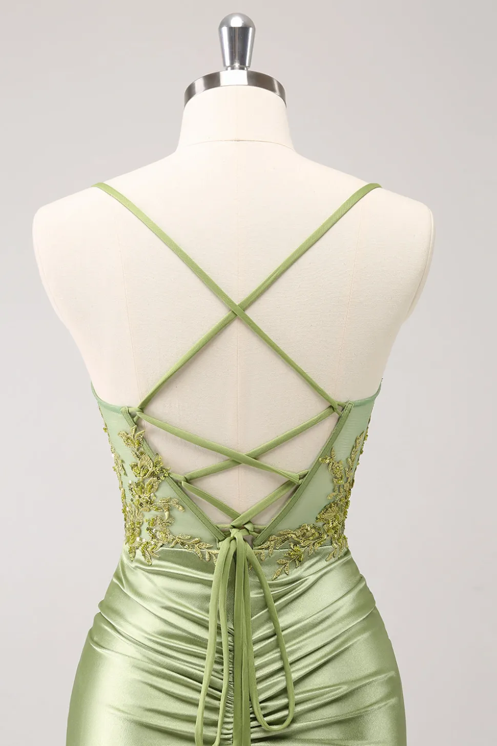 Sparkly Army Green Lace-Up Back Appliques Vestido Plissado Homecoming