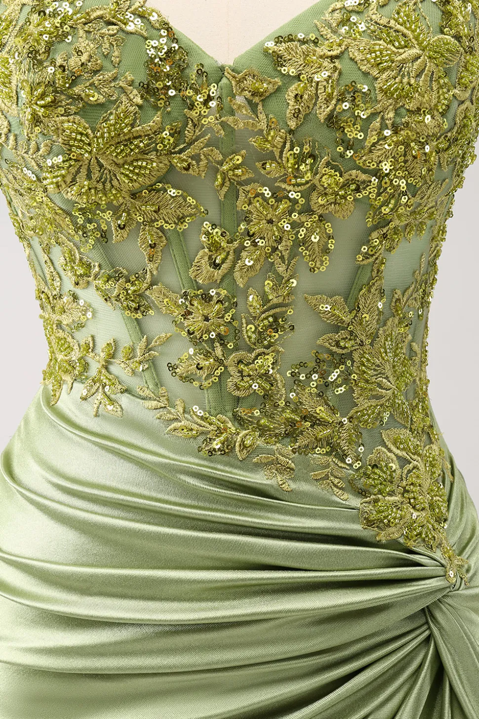 Sparkly Army Green Lace-Up Back Appliques Vestido Plissado Homecoming