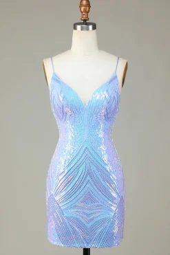 Sparkly Bainha Esparguete Correias Blue Sequins Short Homecoming Dress com Backless