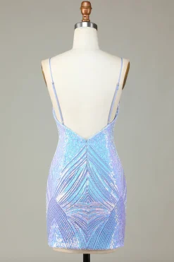 Sparkly Bainha Esparguete Correias Blue Sequins Short Homecoming Dress com Backless