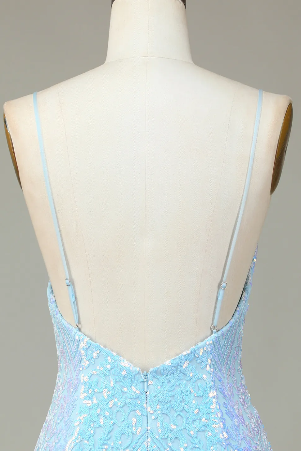 Sparkly Bainha Esparguete Correias Blue Sequins Short Homecoming Dress com Backless