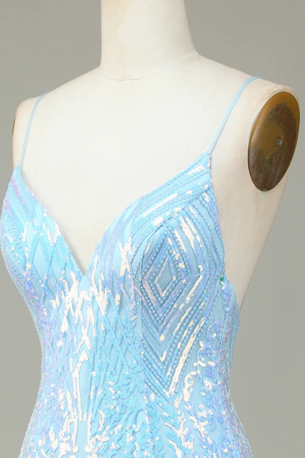 Sparkly Bainha Esparguete Correias Blue Sequins Short Homecoming Dress com Backless