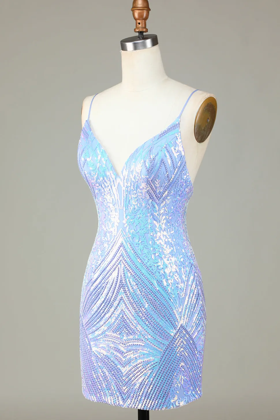 Sparkly Bainha Esparguete Correias Blue Sequins Short Homecoming Dress com Backless