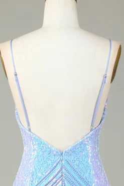 Sparkly Bainha Esparguete Correias Blue Sequins Short Homecoming Dress com Backless