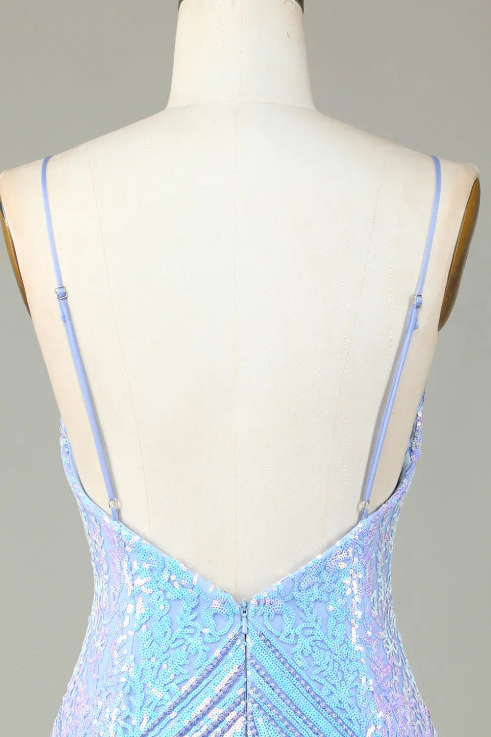 Sparkly Bainha Esparguete Correias Blue Sequins Short Homecoming Dress com Backless