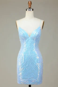 Sparkly Bainha Esparguete Correias Blue Sequins Short Homecoming Dress com Backless