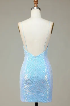 Sparkly Bainha Esparguete Correias Blue Sequins Short Homecoming Dress com Backless