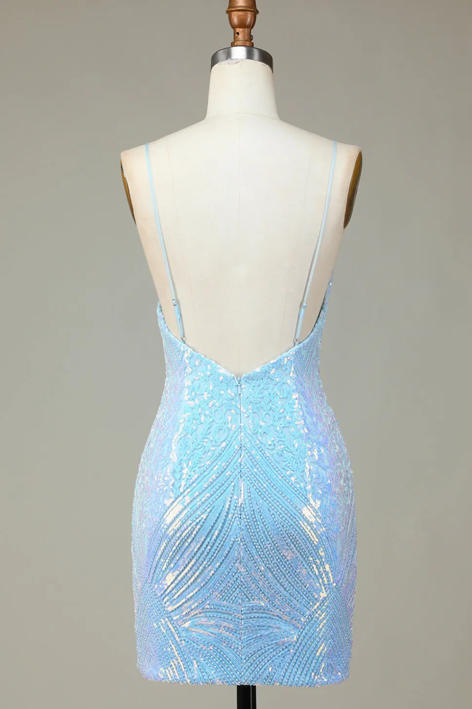 Sparkly Bainha Esparguete Correias Blue Sequins Short Homecoming Dress com Backless