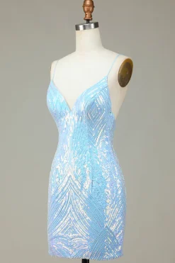 Sparkly Bainha Esparguete Correias Blue Sequins Short Homecoming Dress com Backless