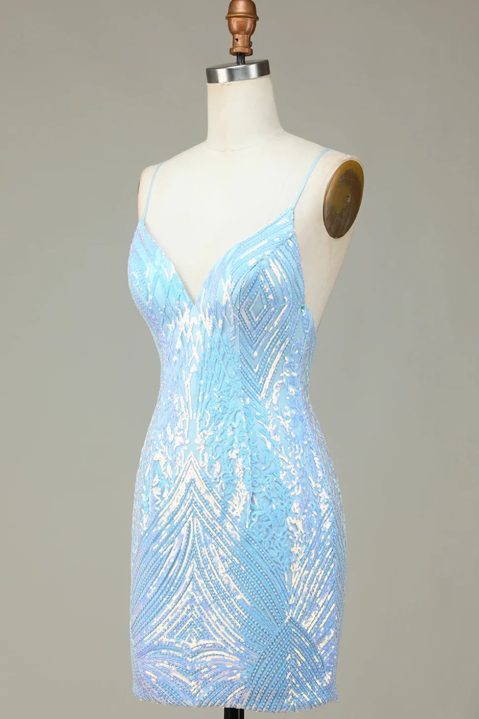 Sparkly Bainha Esparguete Correias Blue Sequins Short Homecoming Dress com Backless