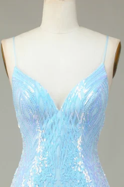 Sparkly Bainha Esparguete Correias Blue Sequins Short Homecoming Dress com Backless