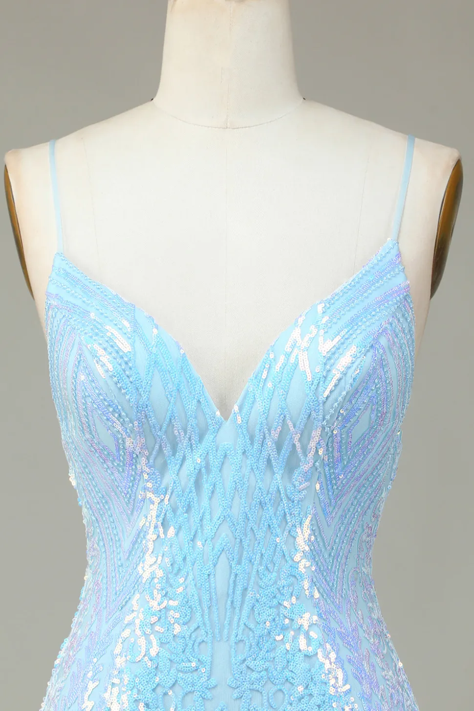 Sparkly Bainha Esparguete Correias Blue Sequins Short Homecoming Dress com Backless