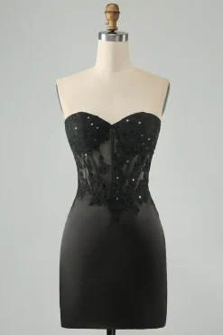 Sparkly Black Bodycon Sweetheart Corset Homecoming Vestido com Apliques