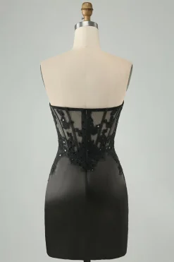 Sparkly Black Bodycon Sweetheart Corset Homecoming Vestido com Apliques