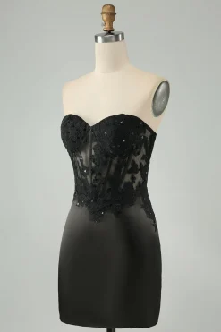Sparkly Black Bodycon Sweetheart Corset Homecoming Vestido com Apliques