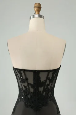 Sparkly Black Bodycon Sweetheart Corset Homecoming Vestido com Apliques