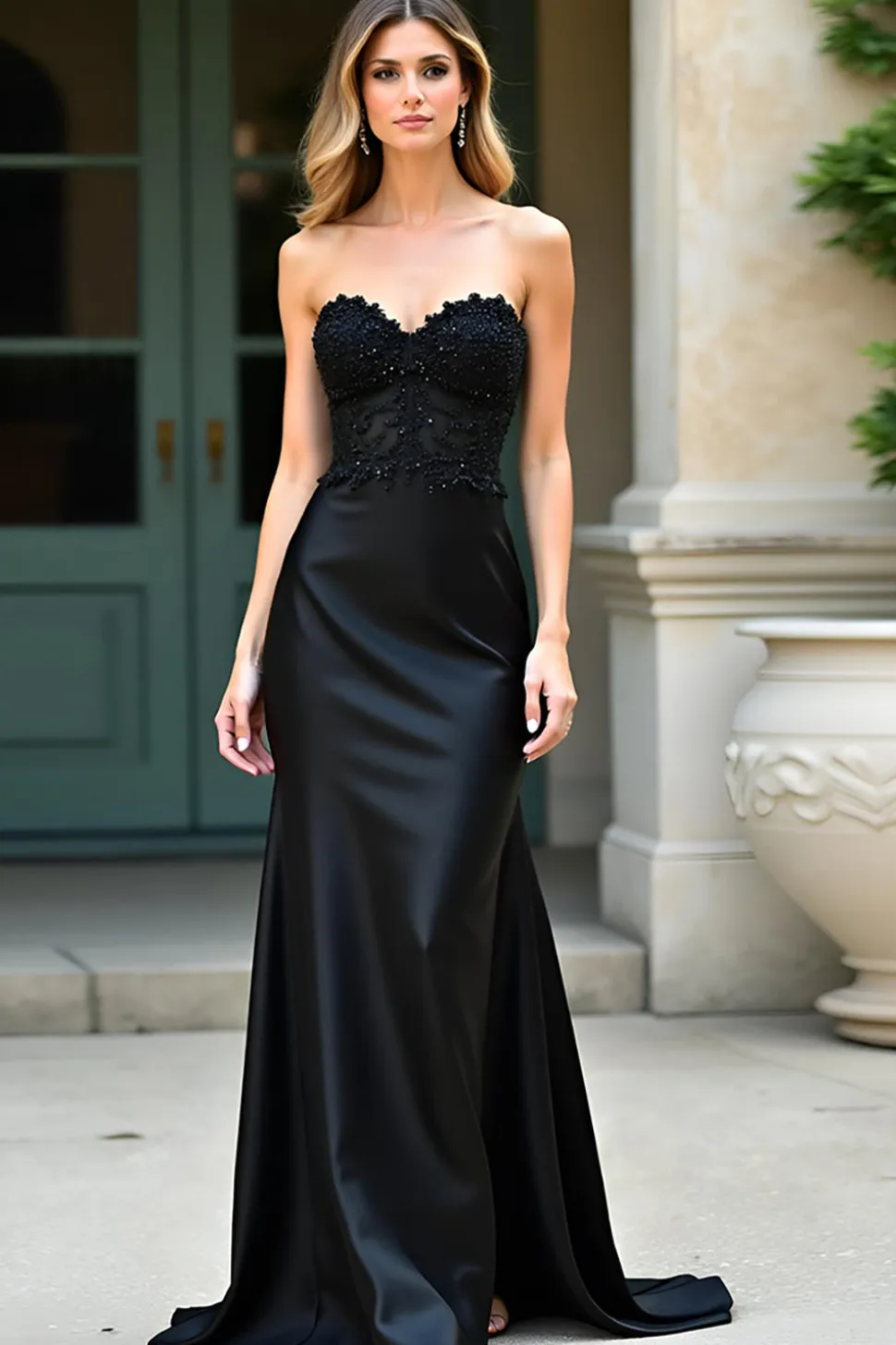 Sparkly Black Mermaid Strapless cetim longo vestido de baile com apliques de lantejoulas