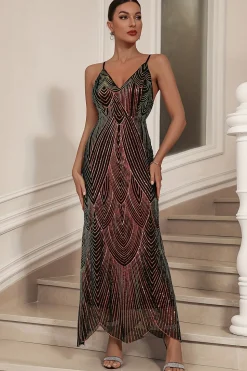 Sparkly Black Sheath Sequined Espaghetti Correias Long Prom Dress
