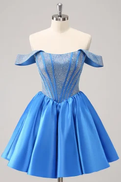 Sparkly Blue A-Line fora do ombro frisado cetim Homecoming Dress