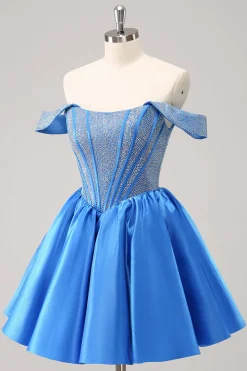 Sparkly Blue A-Line fora do ombro frisado cetim Homecoming Dress