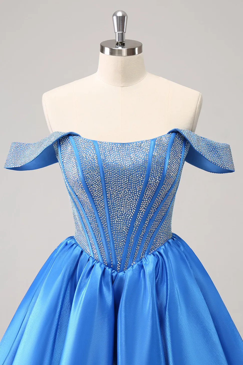 Sparkly Blue A-Line fora do ombro frisado cetim Homecoming Dress