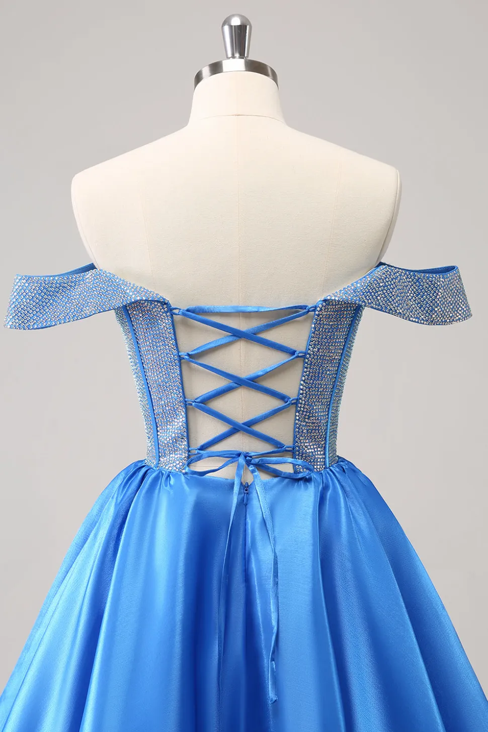 Sparkly Blue A-Line fora do ombro frisado cetim Homecoming Dress