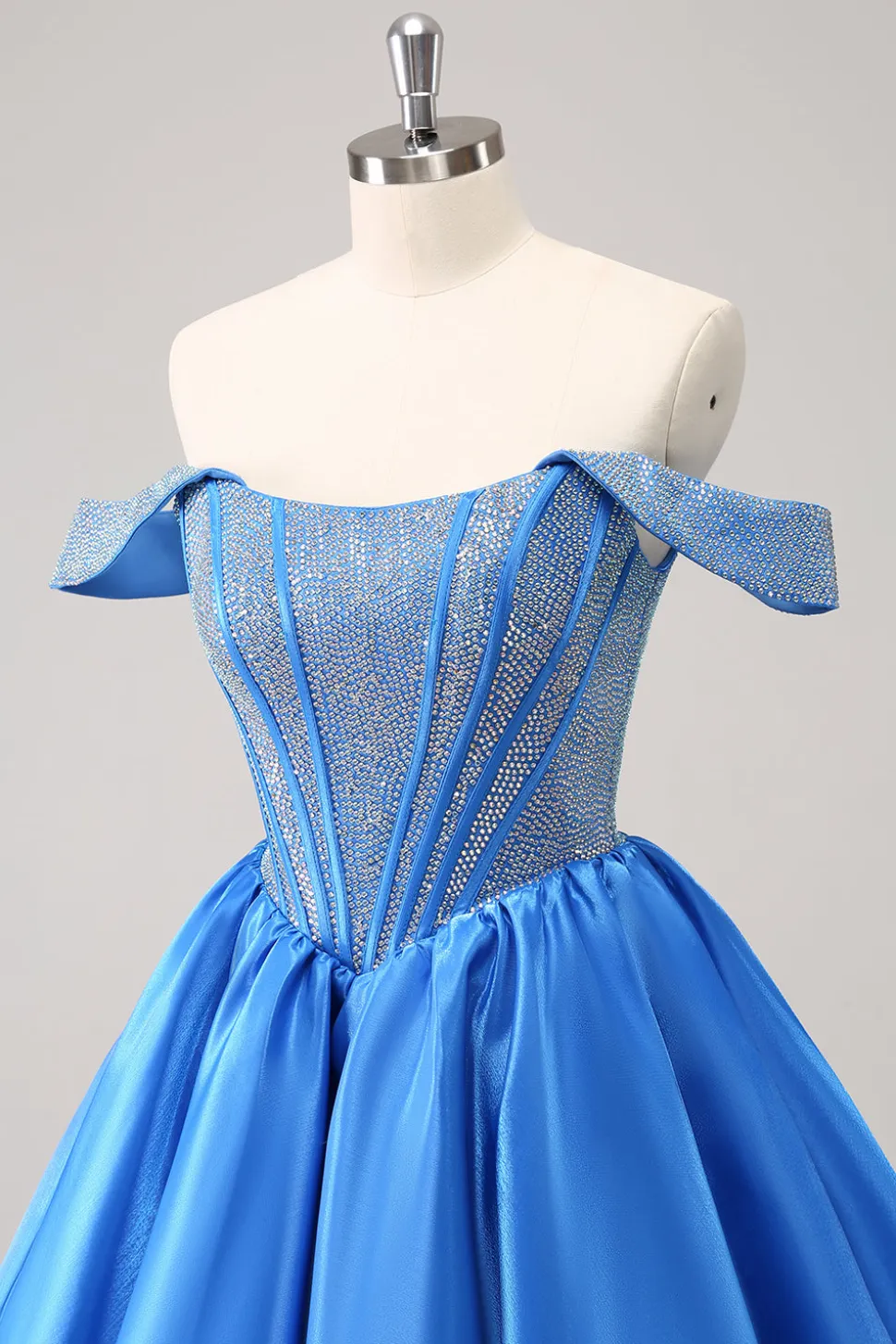 Sparkly Blue A-Line fora do ombro frisado cetim Homecoming Dress