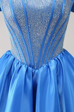 Sparkly Blue A-Line fora do ombro frisado cetim Homecoming Dress