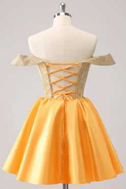 Sparkly Blue A-Line fora do ombro frisado cetim Homecoming Dress