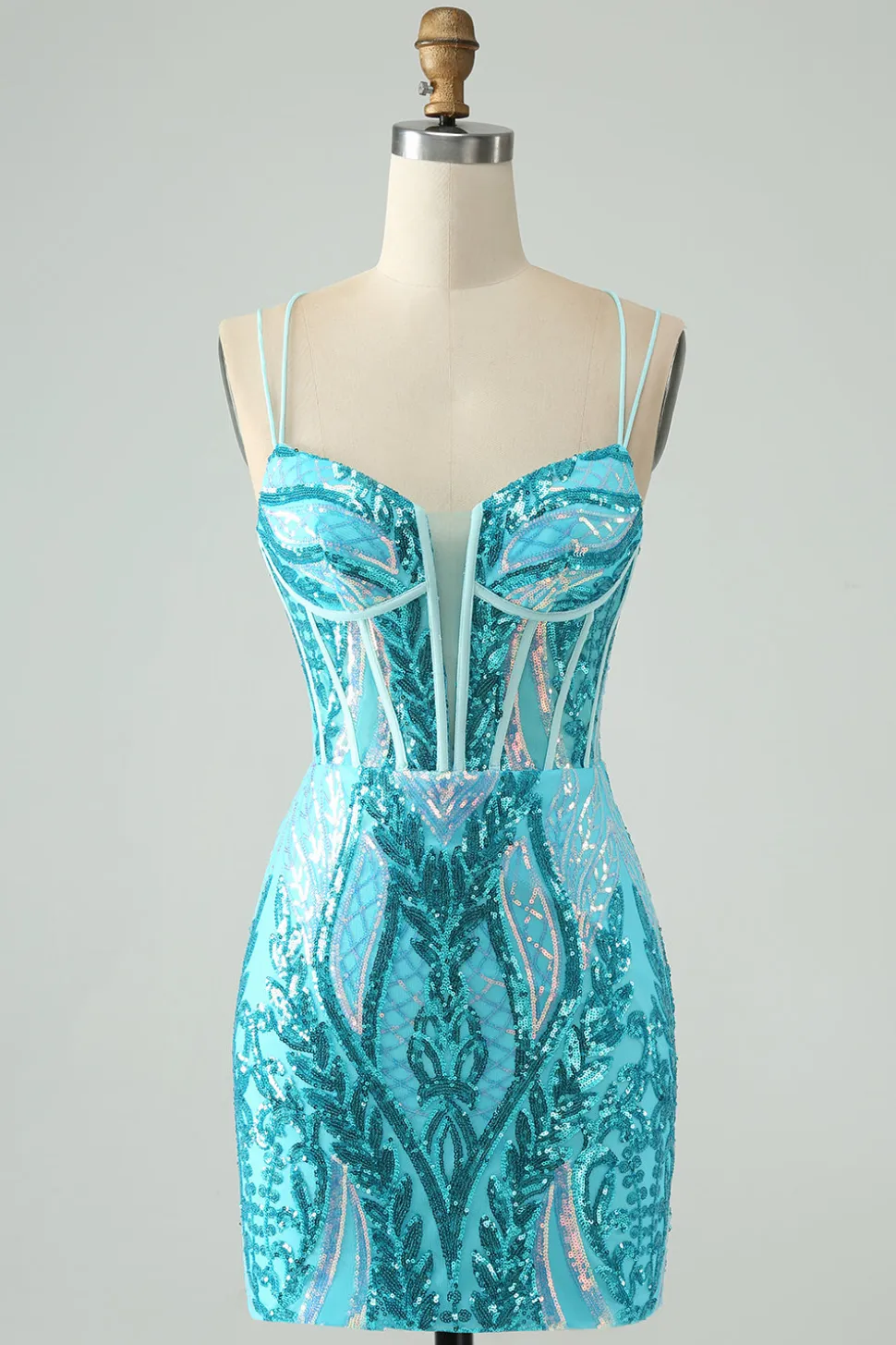 Sparkly Blue Bodycon Esparguete Correias Corset Homecoming Dress com Sequins