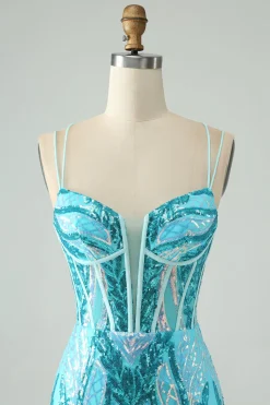 Sparkly Blue Bodycon Esparguete Correias Corset Homecoming Dress com Sequins