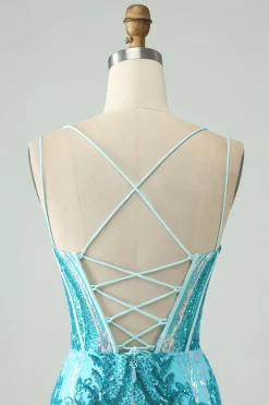 Sparkly Blue Bodycon Esparguete Correias Corset Homecoming Dress com Sequins
