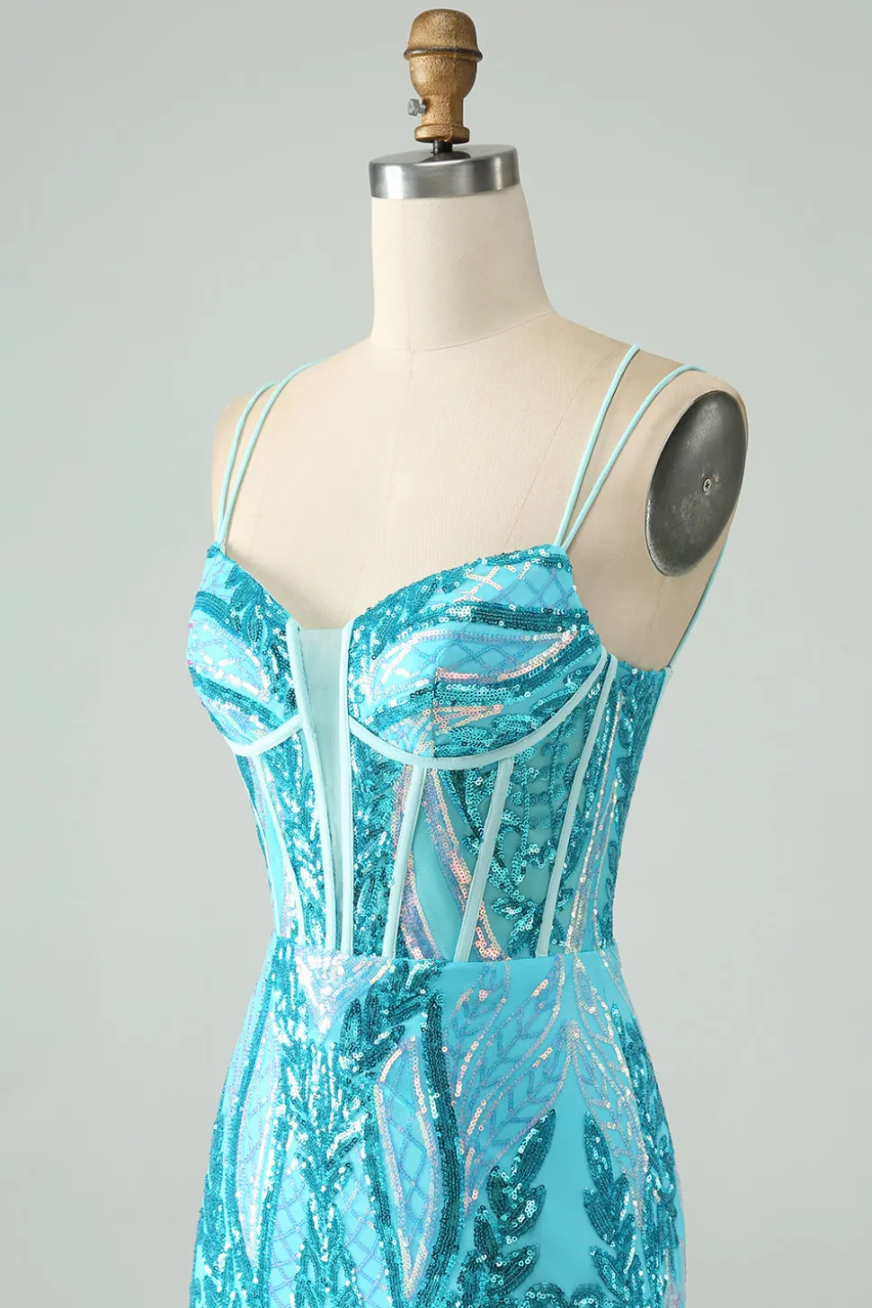 Sparkly Blue Bodycon Esparguete Correias Corset Homecoming Dress com Sequins