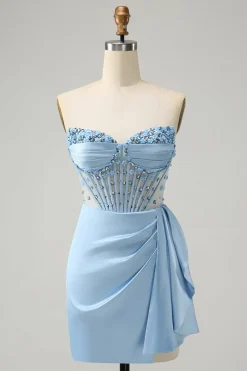 Sparkly Blue Bodycon Sweetheart Corset Homecoming Vestido com Missangas