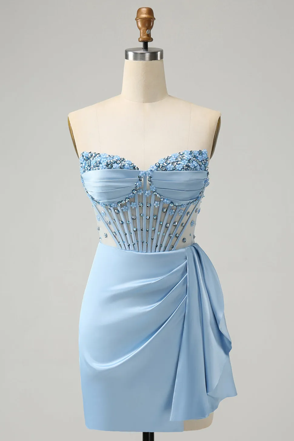 Sparkly Blue Bodycon Sweetheart Corset Homecoming Vestido com Missangas