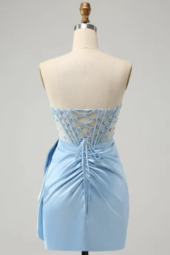 Sparkly Blue Bodycon Sweetheart Corset Homecoming Vestido com Missangas