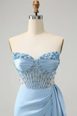 Sparkly Blue Bodycon Sweetheart Corset Homecoming Vestido com Missangas