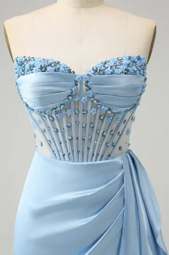 Sparkly Blue Bodycon Sweetheart Corset Homecoming Vestido com Missangas