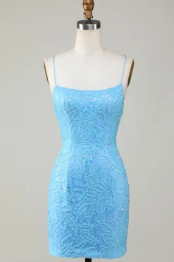 Sparkly Blue frisado apertado vestido curto Homecoming