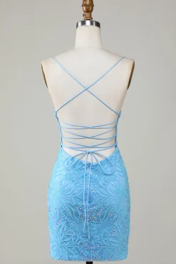 Sparkly Blue frisado apertado vestido curto Homecoming