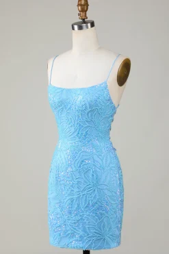 Sparkly Blue frisado apertado vestido curto Homecoming