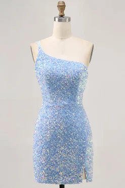 Sparkly Blue One Shoulder Vestido Curto Homecoming com Fenda