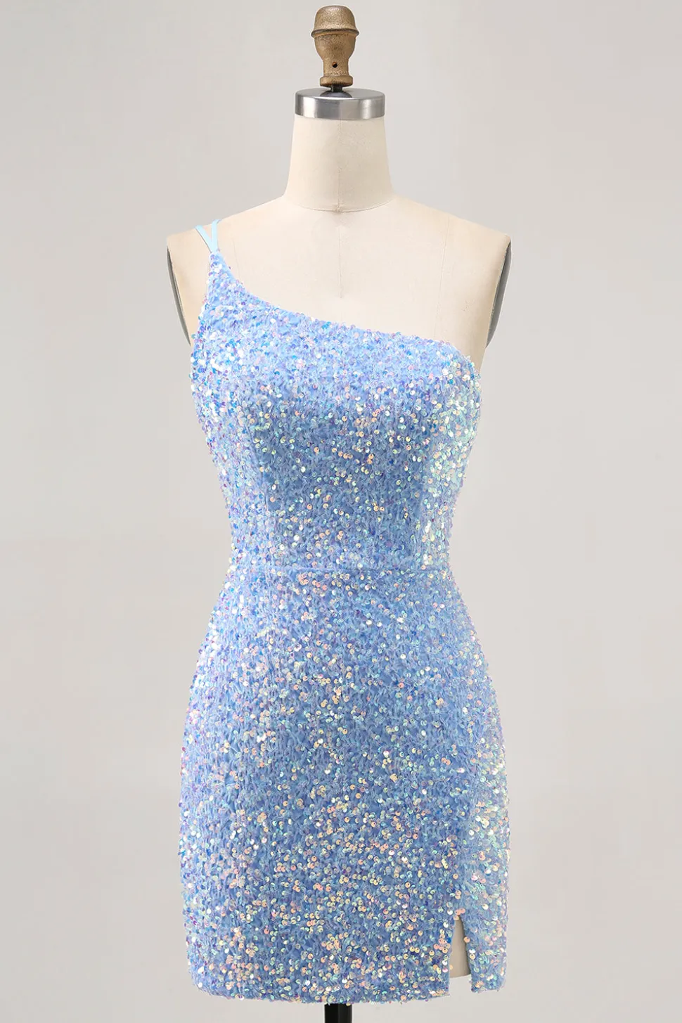 Sparkly Blue One Shoulder Vestido Curto Homecoming com Fenda
