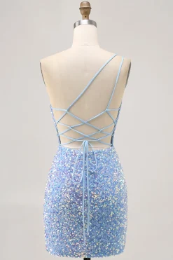 Sparkly Blue One Shoulder Vestido Curto Homecoming com Fenda