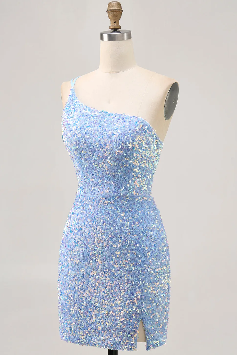 Sparkly Blue One Shoulder Vestido Curto Homecoming com Fenda